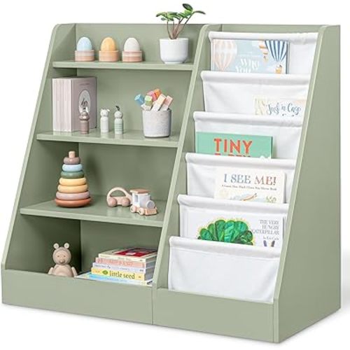 Comfy Cubs Kids Bookshelf 35.2 x 15.7 x 31.5 Inches - Sturdy Plywood Montessori Book Shelf with Soft & Hard Shelves for Toys & Books - Child-Friendly, Easy Access Storage Organizer for Kids - Sage