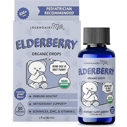 Legendairy Milk Elderberry Syrup Organic Liquid Drops for Babies & Toddlers, Immune Support Supplement Vitamin C, Zinc, Echinacea, Natural Baby Multivitamin Tincture Infant Immunity Kids 30 Servings