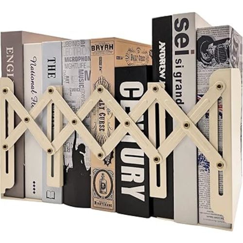 Adjustable Bookends Non Skid Decorative Bookends,Metal Bookend for Heavy Books,Bookshelf Organizer Holder for Books and Magazines for Desk(Beige)