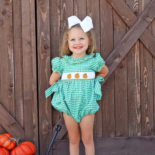Green Check Pumpkin Smocked Beverly Bubble