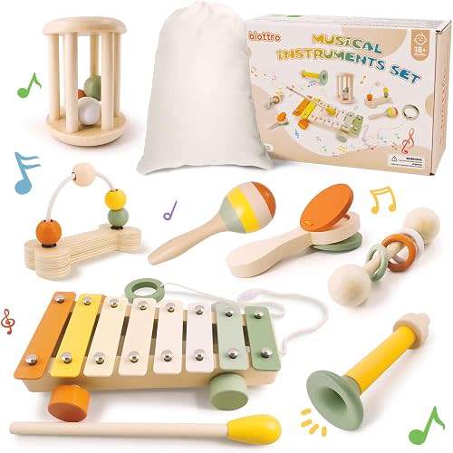 Wooden Musical Instruments for Toddlers 2+ Year Old Montessori Xylophone Maracas Clapper Rattles Trumpet Baby Musical Toys with Storage Bag Gifts for Boys Girls