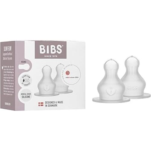 BIBS Bottle Nipple 2-Pack. Anti-Colic. Extra Nipples for BIBS Baby Bottles. Round Nipple. - Silicone, Slow Flow