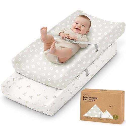 2-Pack Baby Changing Pad Cover for Girl, Boy - 34x18 Soft Viscose Derived from Bamboo Baby Diaper Changing Table Pad Cover Sheets, Neutral, Snug Fit Nursery Diaper Change Sheets (Meadow)