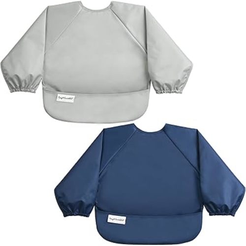 Tiny Twinkle Long Sleeve Bib for Babies & Toddlers | 2-Pack Waterproof Smock Bib for Eating | Machine Washable & Mess-Proof Feeding Essentials | Newborn Shower Gift (Grey Indigo,6–24M)