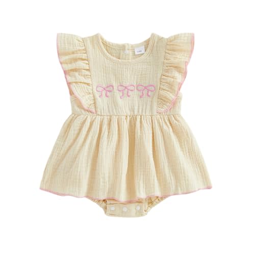 Baby Girl Summer Clothes Newborn Bow Romper Dress Fly Sleeve Smocked Dress Cotton Linen Cute Baby One Piece Outfits