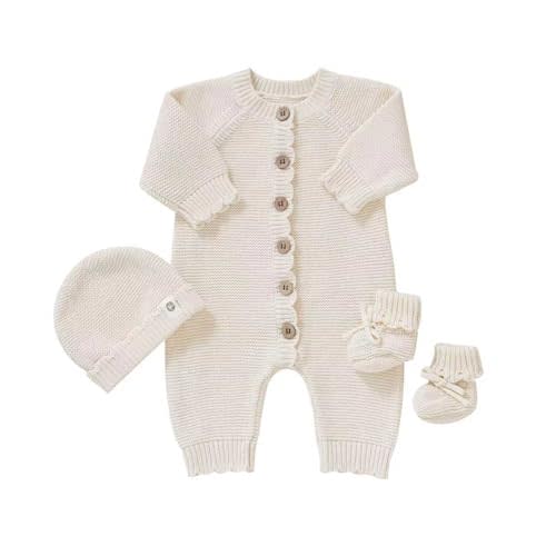 YIXPOH Organic Cotton Baby Sweater Knit Romper Hat Booties 3 Piece Newborn Infant Set LongSleeve Cute Outfit Boy Girls Clothe