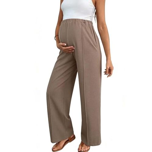 BLENCOT Women's Maternity Pants Work Adjustable Waisted Wide Leg Waffle Knit Trousers Pregnancy Clothes with Pockets