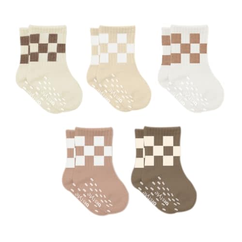 bistyle Baby Non-Slip Grip Ankle Socks 5 Pairs Checkerboard Pattern | Newborn Infant Toddlers Sock Organic Cotton