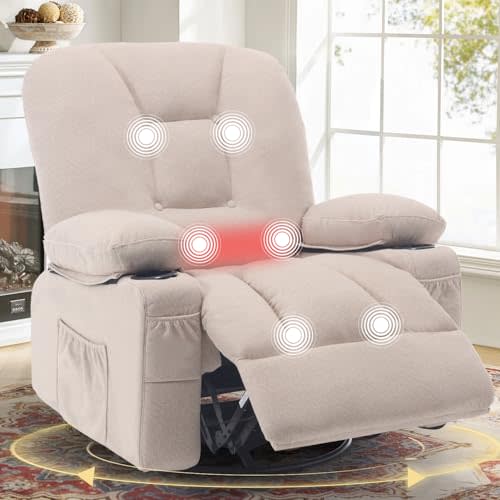 Rocking Recliner Chair for Nursery with Massage Heat, Beige | Overstuffed Rocker Swivel Glider Sofa, Manul, Fabric, Living Room, Cup Holder