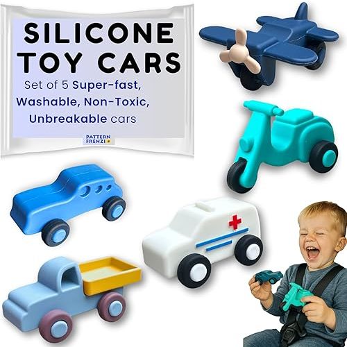 Silicone Toy Cars for Kids Ages 3+ – Soft, Safe Non-Toxic Silicone Cars with Smooth Rolling Wheels, Quiet Play, Push and Go Car Toys, Food Grade Silicone Toys, No Hole Bath Toy Mold Free, 5 Pack Set