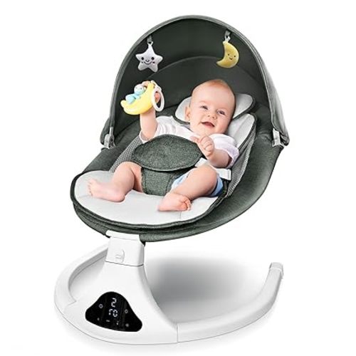 Electric Baby Swing with Remote Control - 5 Natural Motion Speeds, Detachable Seat Pad | Portable Infant Swing for Indoor/Outdoor Use (0-12M, 20lbs)(Green)