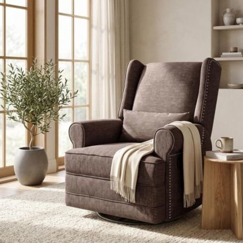 Classic Swivel Glider Recliner Chair with Lumbar Pillow & Nailhead Trim - Upholstered Rocking Chair for Living Room, Chestnut Brown