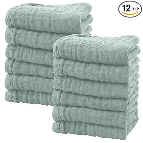 SWEET DOLPHIN 12 Pack Baby Muslin Washcloths - Soft Face Cloths for Newborn, Absorbent Bath Wash Cloths, Wipes, Burp Rag - Toddlers Essentials Stuff, Baby Registry as Shower -10"x10", Green