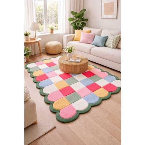 Handmade Colorful Scalloped Checkerboard Rug, Pastel Geometric Area Rug, Hand Tufted Modern Playroom Rug, Cute Living Room Decor Rug