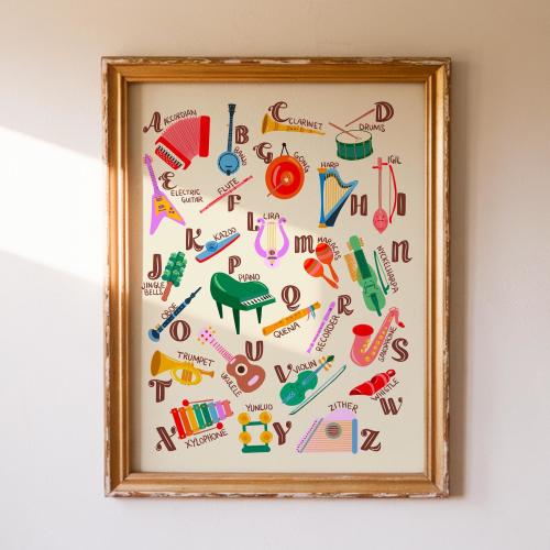 Musical Alphabet Art Print for Kids, A–Z Instruments Illustration, Nursery Music Wall Art, Playroom Decor