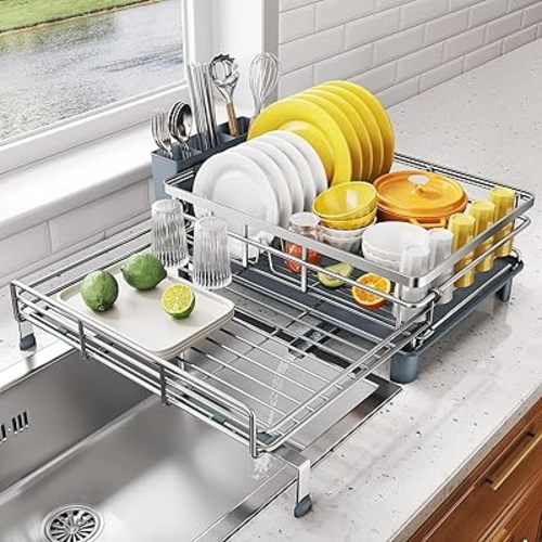 Expandable Dish Drying Rack for Kitchen Counter, Stainless Steel, Silver