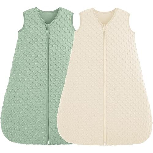 Fleece Baby Sleep Sack 6-12 Months, 1.5 TOG Cotton Baby Wearable Blanket With Soft Plush Dots, 2 Pack Newborn and Infant Warm Sleeping Sack with 2-Way Zipper Beige&Green