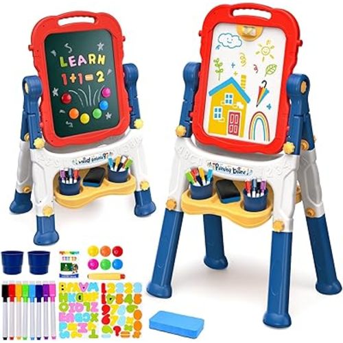 Easel for Kids, Toddler Easel, Double-Sided Chalk Board Kid, White Board, Kid Art Easel, Art Easel Age 4-8, Christmas Gift, Red&Blue