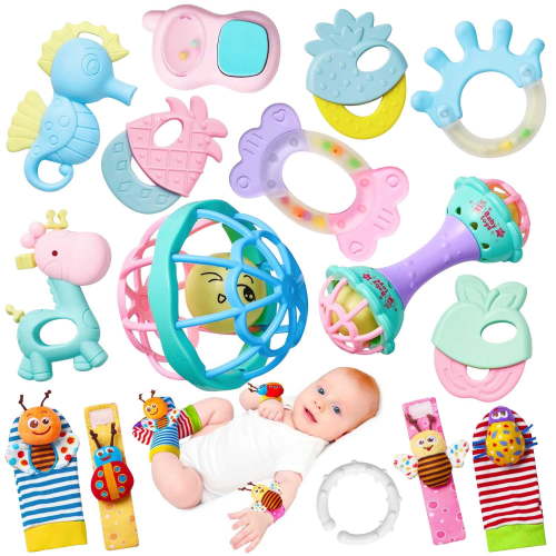 15PCS Baby Rattles Toys for 6-12 Months, Infant Newborn Baby Toys for 6-12 Months, Baby Teethers and Wrist and Ankle Rattle Toys 6 to 12 Months