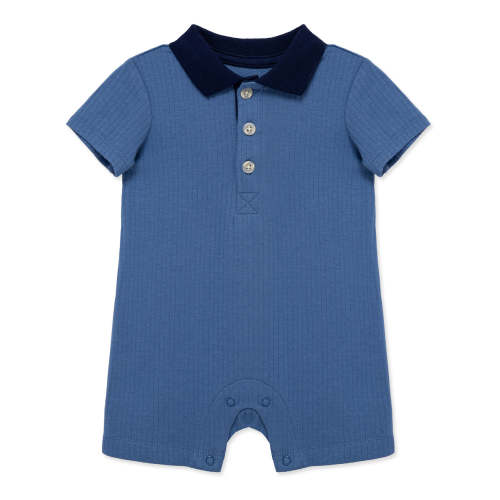 Blue Rib Knit Polo Romper