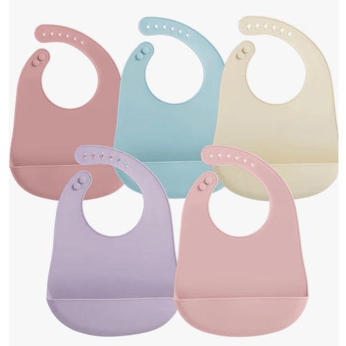 PandaEar 5 Pack Waterproof Silicone Baby Bibs| Pink/Linen/Purple/Blue