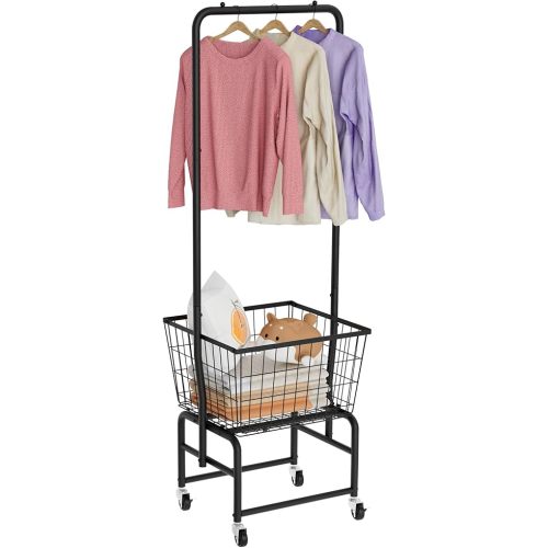 Rolling Laundry Cart with Wheels, Laundry Hamper Basket Organizer with Clothes Hanging Rack, Wire Storage Cloth Shelf Butler, Black