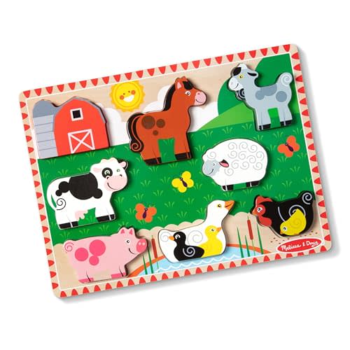 Melissa & Doug Farm Wooden Chunky Puzzle (8 pcs) - FSC Certified | 8 Chunky Wooden Pieces, Stand-Up Farm Animals and Barn, Motor Skill Building Puzzle Play, Toddler Toys for Kids, Ages 2+