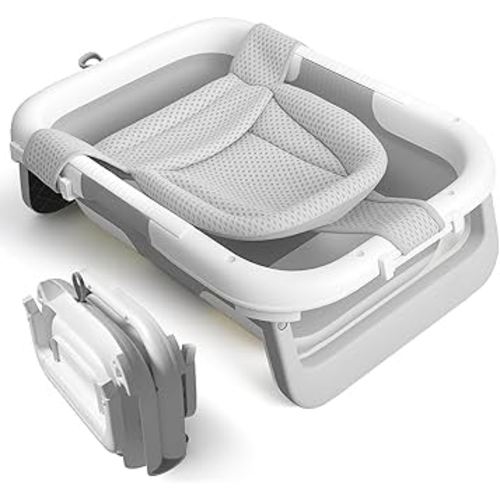 Collapsible Baby Bathtub with Newborn Sling, Baby Bath Tub with Quick Drainage Design, Infant Bathtub for Newborns to Toddlers (0-24 Months) (Grey)