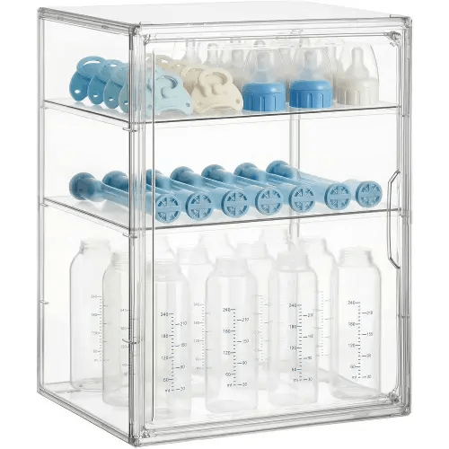 HBlife Baby Bottle Storage Organizer for Countertop Cabinet, 3 Tiers Adjustable Clear Acrylic Bottles Storage Station Case Box Container with 2 Removable Dividers and Magnetic Door, Large