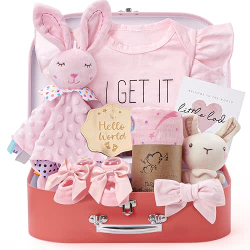 Golray Baby Shower Gifts for Girls, Baby Girl Gifts Baskets with Rattle, Blanket/Bodysuit Set, New Born Essential Stuff, Gender Reveal Ideas Infant New Born Baby Girls Gift Basket