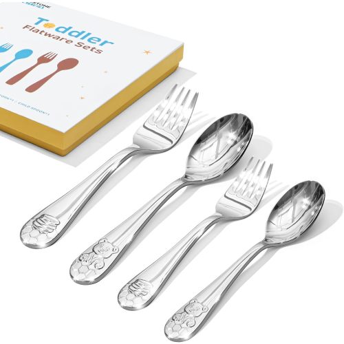 4 Pcs Toddler Utensils Gift Set, Stainless Steel, Honey Bear, Small & Large