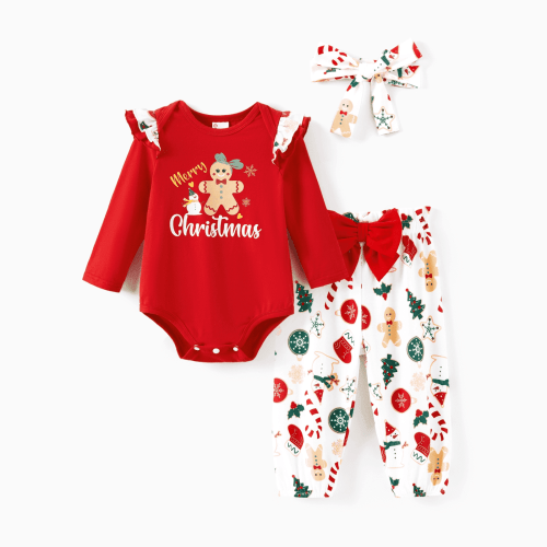 PatPat Baby Girl Outfit Christmas Gingerbread Romper and Cute Pants with Headband Infant Baby Girl First Gift 3-6 Months
