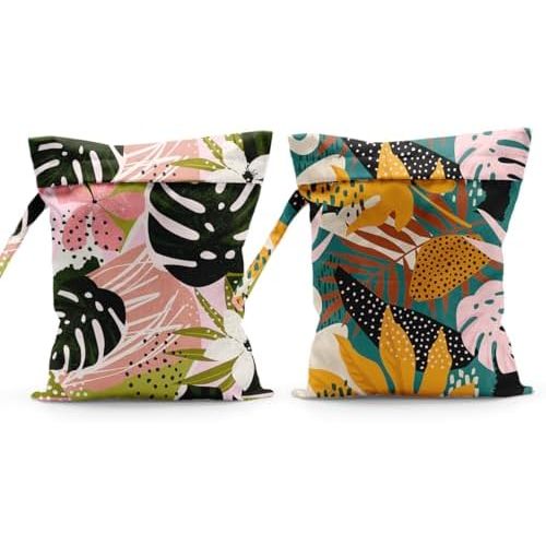 Sldpngo Summer Tropical Palm Leaves Pattern Wet Bag Waterproof Cloth Diaper Wet Dry Bag for Travel Beach Pool Daycare Soiled Toddler Items Yoga Gym - 2pcs