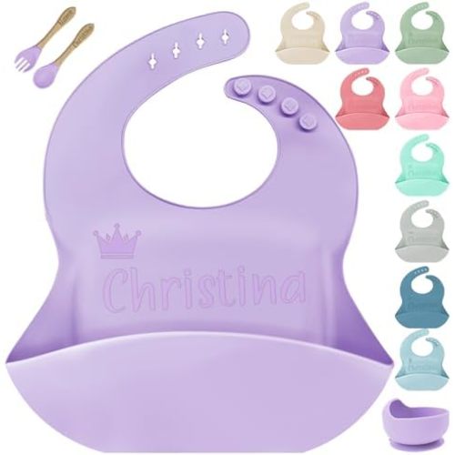 SRdrew Personalized Silicone Bibs Set Custom Engraved Name Icon Toddler Bib Durable Adjustable for Boy Girl