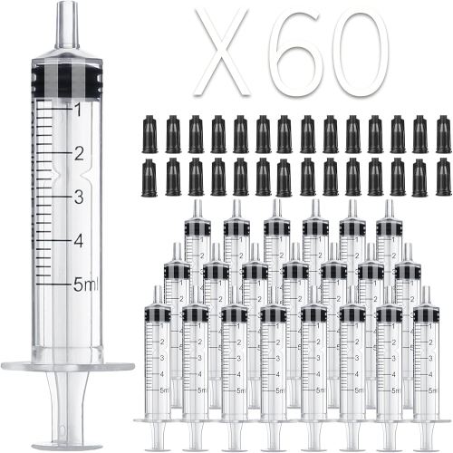 60Pack 5ml Syringe Without Needle - 5 ml Small Plastic Syringes Sterile Individually Packed with Cap for Lab Medicine Student Measuring Liquid and Pet Dog Cat Baby Feeding Oral Colostrum ( 5cc /ml )