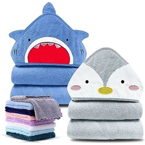 Cute Castle 2 Pack Hooded Baby Towel Rayon Made from Bamboo with 8 Washcloths - Soft Bath Towel for Bathtub for Babie, Newborn, Infant, Natural Baby Stuff Towel (Shark and Penguin)