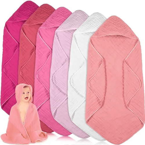Peryiter 6 Pcs Muslin Hooded Baby Towels Cotton, Pink