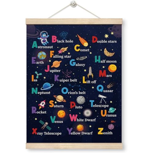 Outer Space Planet Alphabet Nursery Wall Art Poster, Framed ABC Alphabet Space Poster Wall Art for Kids Room Nursery Classroom Decor, Educational Galaxy Themed Decoration