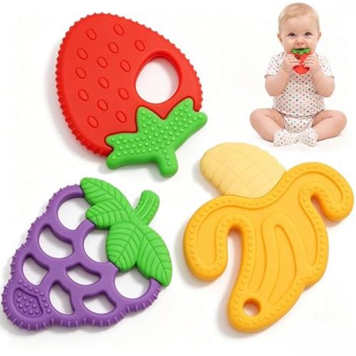 3 Pack Baby Teething Toys Silicone Baby Fruit-Shaped Teether Set
