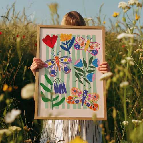 Wild Flower and Butterfly Print, Girls Bedroom Print, Rainbow Wall Art, Colourful, Girls Bedroom Decor, Girls Nursery Prints, Playroom