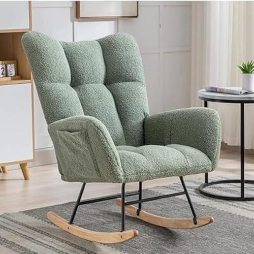 ETCZOYE Nursery Rocking Chair Teddy Upholstered Glider Rocker Rocker Accent Chair with High Backrest Armchair Comfy Side Pocket Modern Rocking Accent Chairs for Living Room, Nursery, Office-Green