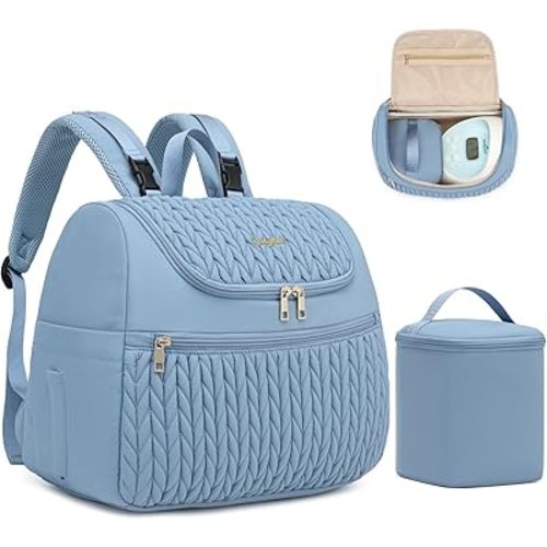 Breast Pump Bag Fit for Spectra S1 S2 with Insulated Cooler Bag & Drying Mat, Wearable Breast Pump Backpack with Bottle Bags for Momcozy Medela Elvie Willow, Quilted Blue