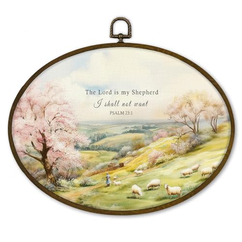 nvucamd The Lord is My Shepherd Christian Oval Wall Art Decor Framed, Vintage Sheep Easter Canvas Prints Wall Art, Religious Psalm 23:1 Hanging Decor for Nursery Bathroom, 11.3x8.7 Inches
