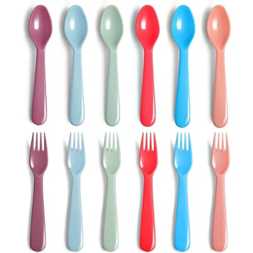 ChaLeeMoo12Pcs Plastic Kids Forks and Spoons Set, Reusable Toddler Utensils Assorted Colors Kids Silverware Set for School Lunch Box Camping Travel, Also for Adult to Use, BPA Free Dishwasher Safe