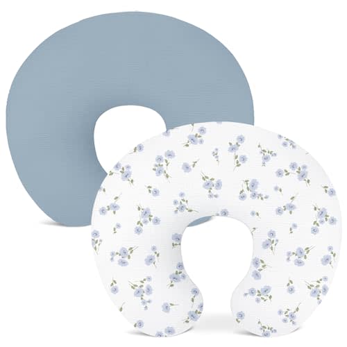 Wimist Nursing Pillow Covers 2 Pack, Muslin Nursing Cover for Breastfeeding Pillows, Comfortable for Baby Girls and Boys (Flower I & Light Blue)