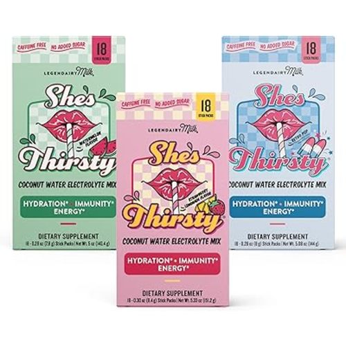 Legendairy Milk She’s Thirsty – Hydration Packets, Cortisol Supplement for Stress Relief & Adrenal Support, Strawberry Lemonade, Watermelon and Retro Pop - 54 Packets