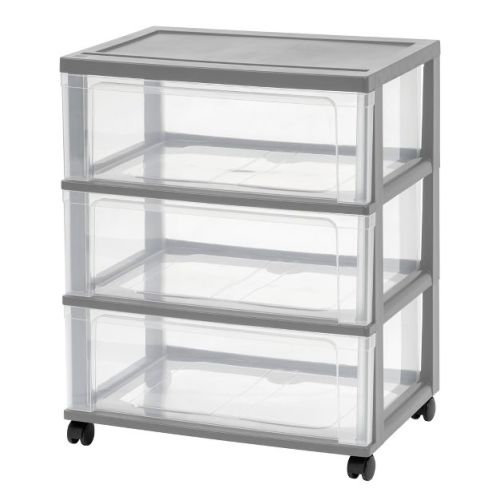IRIS 3 Drawer Wide Storage Cart with Wheels Gray: Plastic Utility Storage Drawers, Multicolor, Craft & School Supplies Organizer