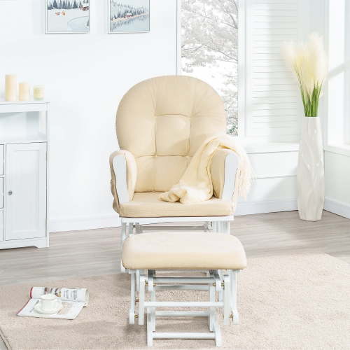 Nursery Glider & Ottoman Sets, Reclining Swivel Glider Rocker with Ottoman, Nursery Rocking Chair for Baby Room, Upholstered Nursery Recliner Glider with Ottoman, Padded Arms - Cream, White