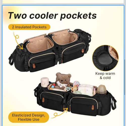 Boomistry Double Stroller Organizer for Bob Duallie and Baby Jogger City Mini GT2, Double Stroller Caddy Organizers with Cup Holder and 2 Cooler Pockets Parent Console Double Stroller Accessories