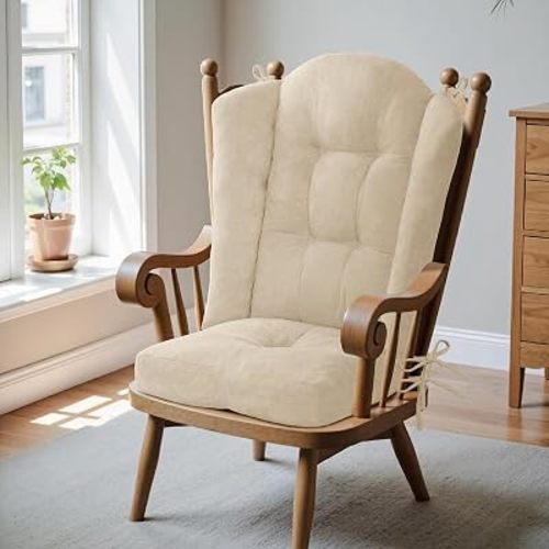 Wingback Rocking Chair cushion - Large Tufted Adirondack Chair Cushions, High-Density Sponge, Comfort Chenille Indoor Rocker Pads, 2 Piece Sets- Seat Cushion & High Back Cushion, Ivory | Medium Size